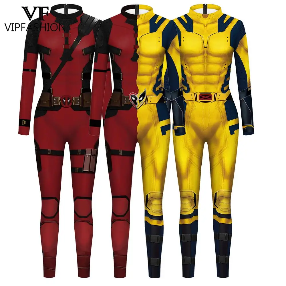 VIP FASHION Wolverine Deadpool Costume Superhero Cosplay Jumpsuits Best Friend Heart Zentai Halloween Suit Unisex Party Clothes