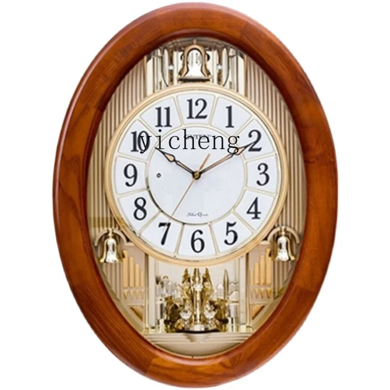 

XL Wall Clock Solid Wood Oval Chinese Timekeeping Clock Quiet Light Luxury Household American Wall Watch