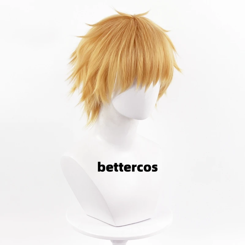 High Quality Denji Cosplay Wig Golden Short Heat Resistant Synthetic Hair Halloween Anime Cosplay Wigs + Wig Cap