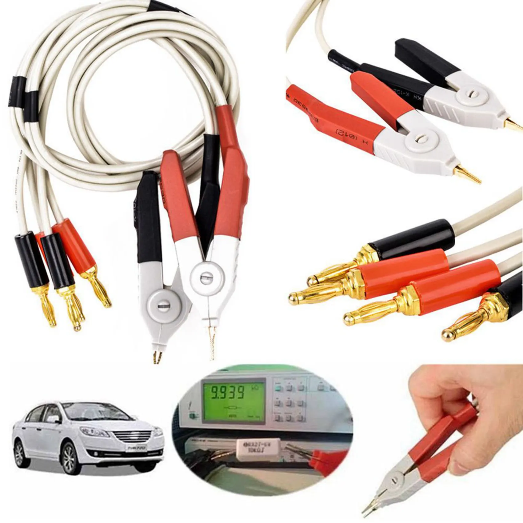 DTEN-2 Pair Insulated Banana Plug Clips Cable Low Resistance LCR Clip Probe Leads Test Meter Terminal Kelvin New