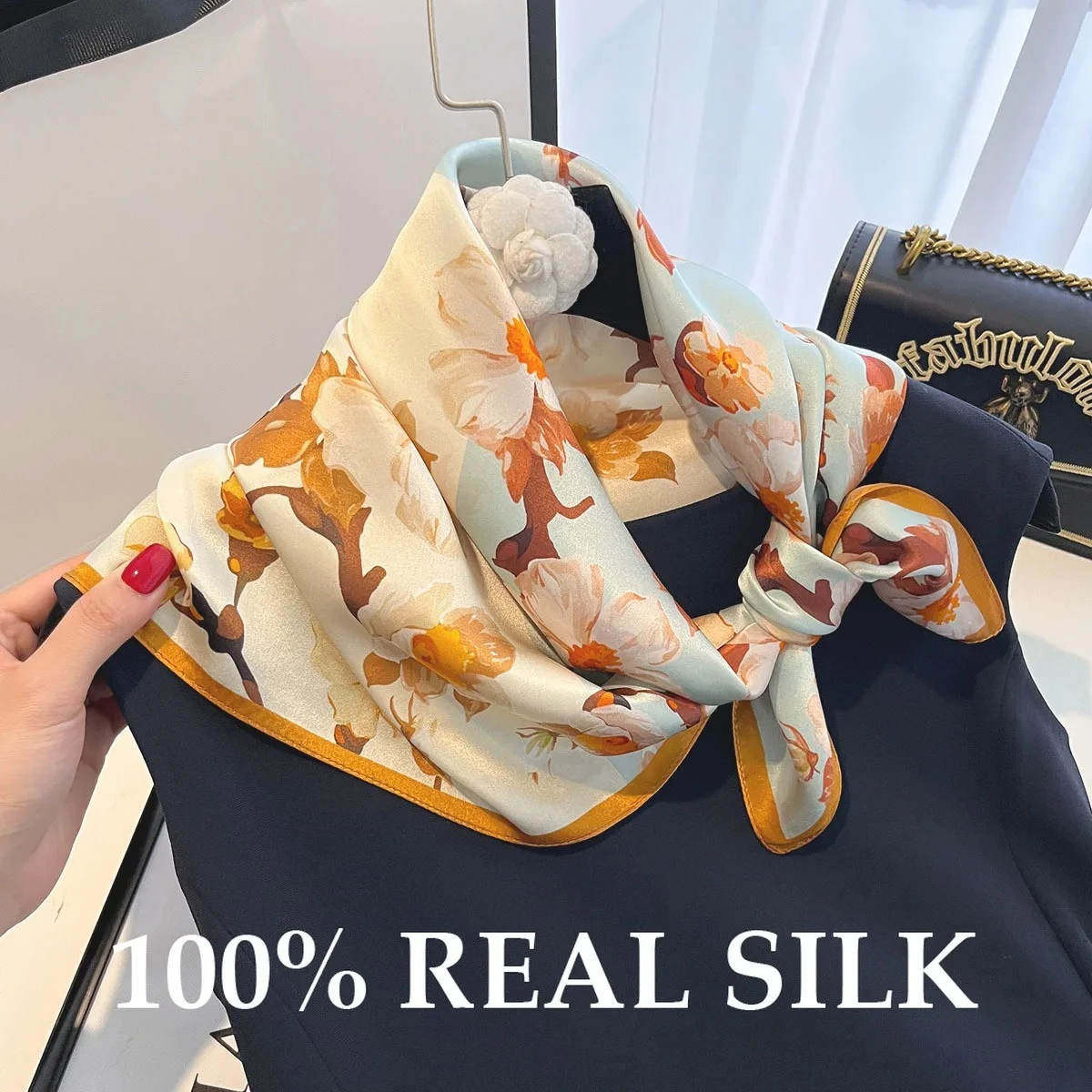 

Fashion 100% Real Silk Square Scarf Women Shawl Wrap for Women Neckerchief Bandana Beach Cover Up Scarves Pashmina Hijab Bandana