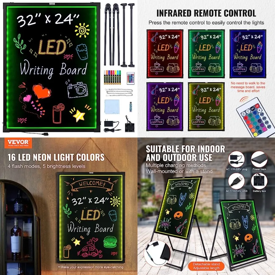 

32"x24" LED Message Writing Board, Menu Sign Boards, Illuminated Erasable Lighted Chalkboard, Neon Effect Drawing Panel with 8