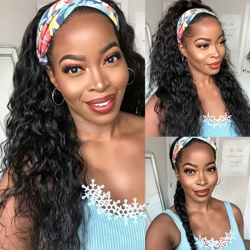 Human Hair 200% Density Headband Wig Human Hair Wigs Wear and Go Glueless Wig Curly Deep Wave Headband Wig Natural Color image 6