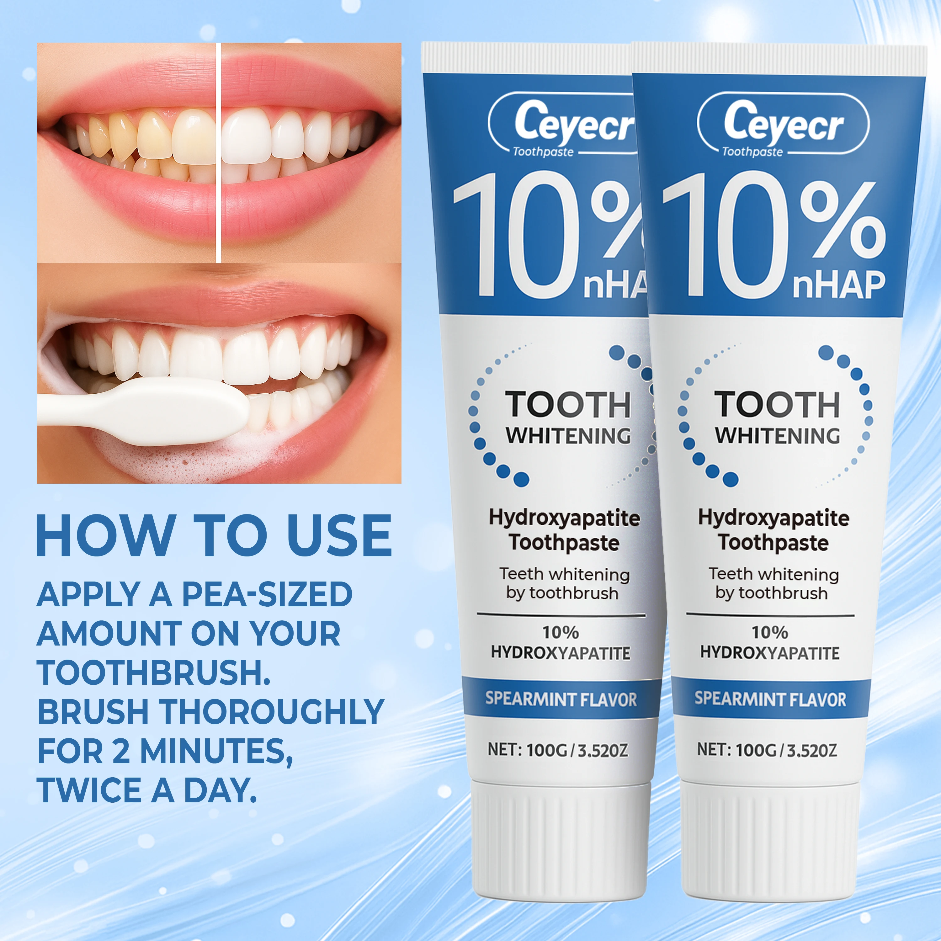 Dentifrice Hydroxyapatite 10%, blanchiment des dents 10%, pâte de nettoyage en profondeur d'huile essentielle de menthe, haleine fraîche