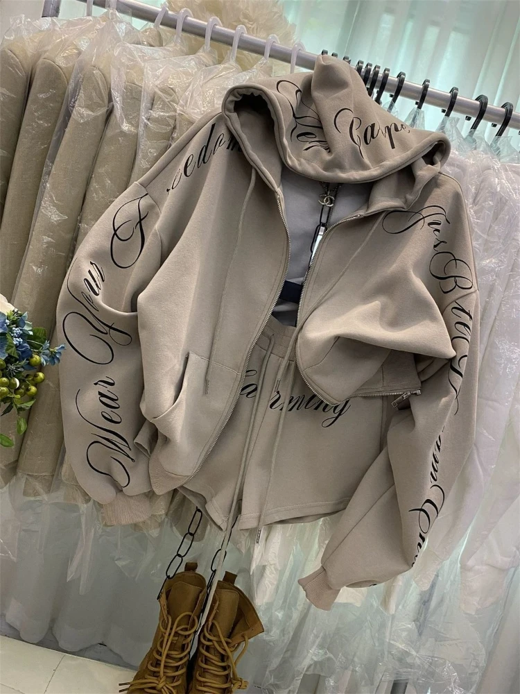 American Vintage Long Sleeve Hoodie Letter Print + Sexy Shorts Two-Piece Set Women Casual Y2k Retro Outfit Autumn Winter 2026