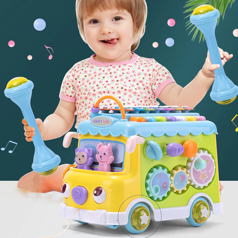 1Pcs Hand Knock Piano Bus Shape School Bus Pulling Music Educational Playthings Baby Birthday Favor Gift Educational Playthings