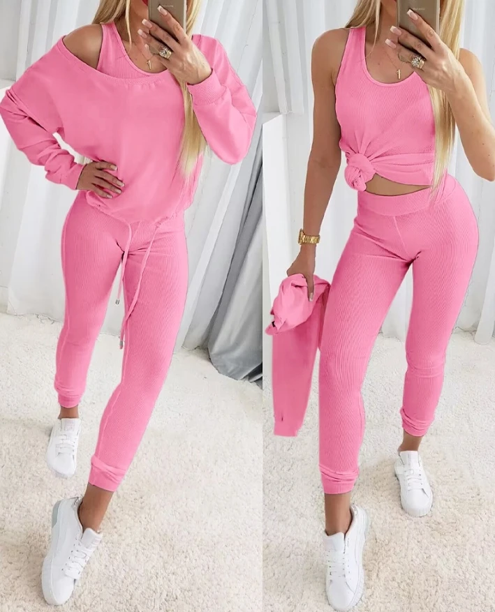 Fashion New Two-Piece Set 3Pcs/set Ribbed Tank Top & Skinny Pants with Skew Neck Drawstring Hem Top Shipped Within 48 Hours