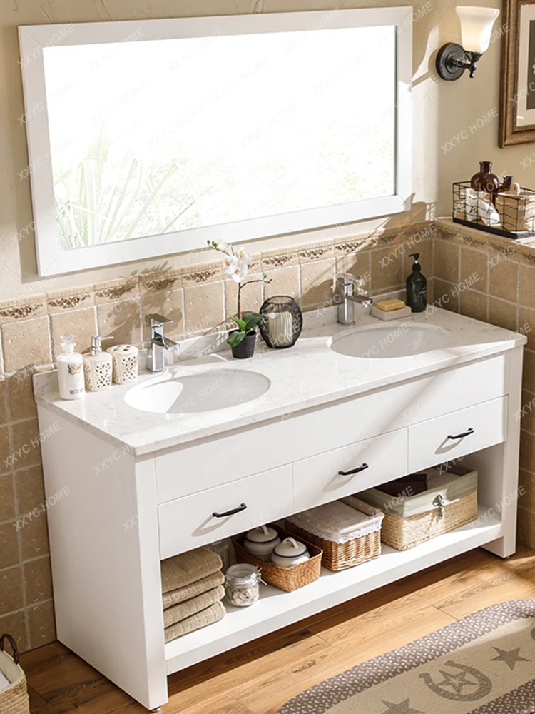 Oak Bathroom Cabinet Combination Marble Drop-in Sink Double Basin Mirror Bathroom Cabinet