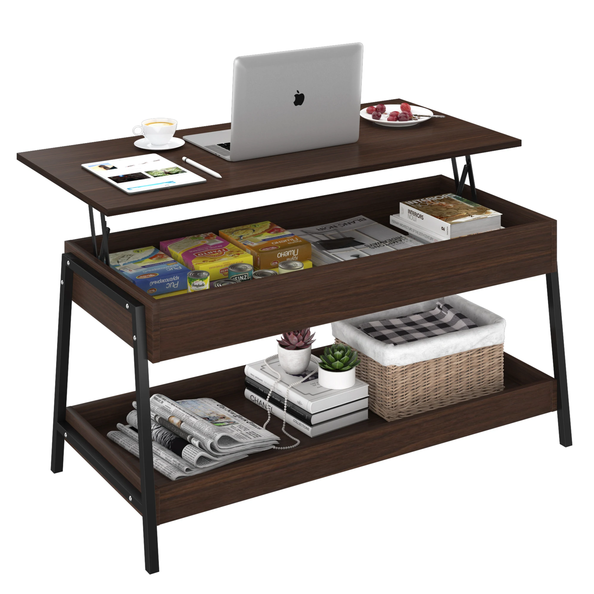 1 PC Lift Top Coffee Table With Storage Shelves And Hidden Compartment For Living Room Office