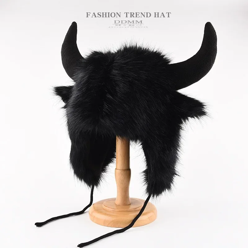 Unisex Winter Black Horn Furry Warm Ear Flap Hat Windproof Cold Weather Cap