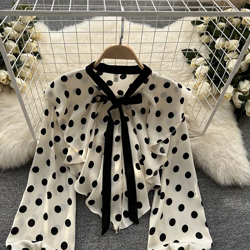 Frauen Elegante Büro Chiffon Shirts Polka Dot Gedruckt Langarm Bluse Rüschen Süße Top Casual Dünne Harajuku Tees Mode Neue