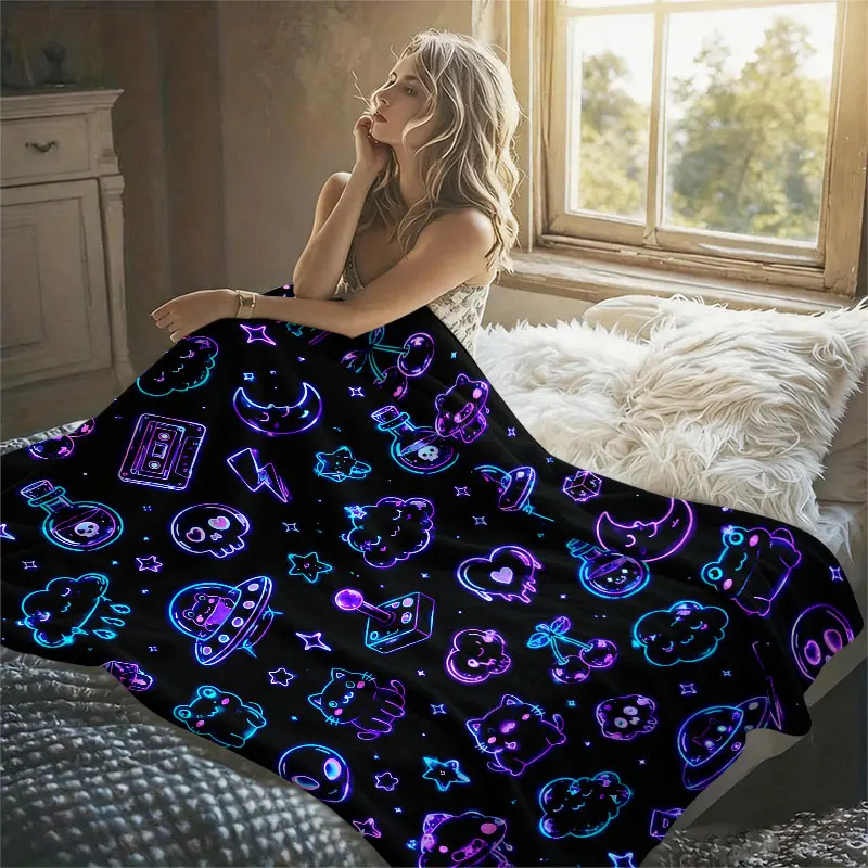 Neon Kawaii Doodles Black Flannel Blanket Perfect for Sofa Office Bed Travel Sleep Read Relax Camping Four Season Use