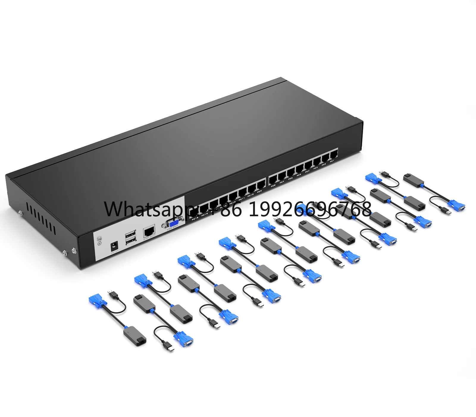 16 Port KVM Switch Over Ethernet + VGA to RJ45 Adapters,  1U Rack Extender KVM Switch Console by Cat5e 6 7 LAN Port