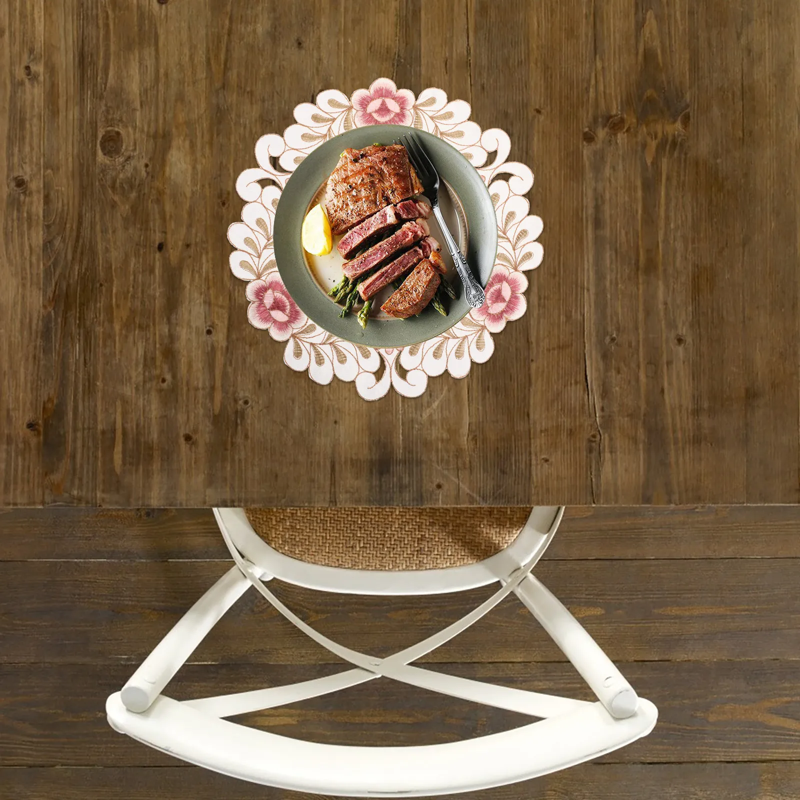 Round Floral Table Placemat Heat-Resistant Hollowed-Out Flower Design Dining Table Mat Waterproof Anti-Scalding Tableware