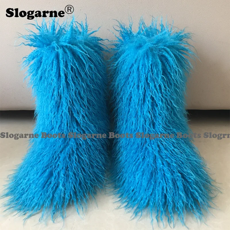 2024 Women Winter Snow Boots Outdoor Faux Wool Boots Luxury Furry Curly Fur Boots Woman Plush Warm 3CM Platform Shoes Large Size