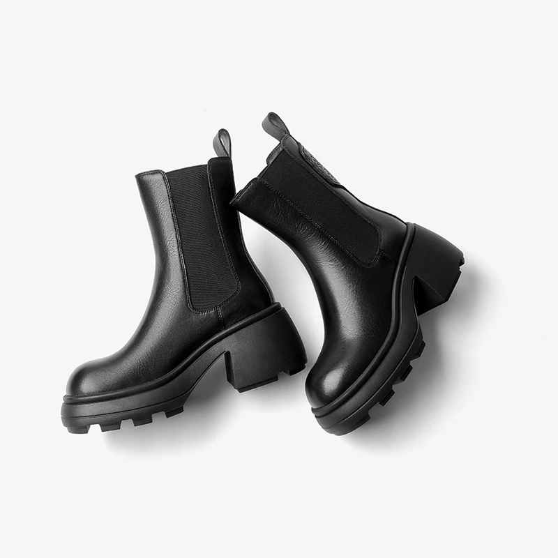 BEAUTODAY Chelsea Boots kobiety prawdziwa bydlęca skóra jednolity kolor z okrągłym noskiem wsuwane gumki zimowe damskie buty ręcznie robione 03 a53