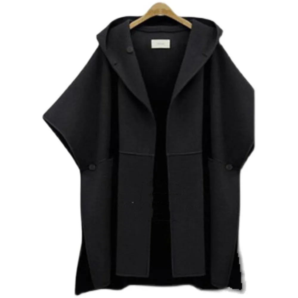 Korean Women 2023 Autumn Poncho Loose Cardigan Cape Outerwear Cloak Coat Solid Color Hooded Woolen Jacket Casual Overcoat Female