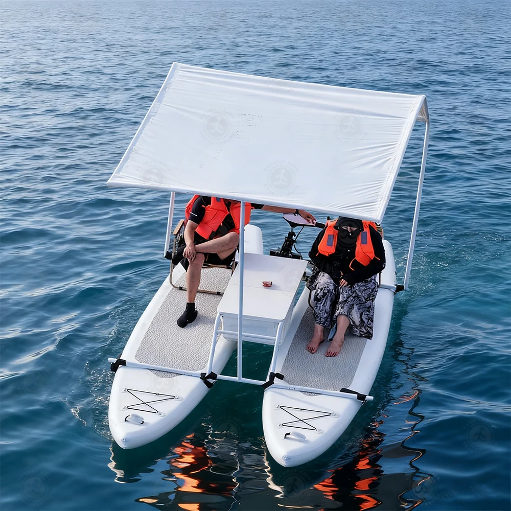 

Portable Inflatable Catamaran Fishing Boat High Stability Tunnel Hull Pontoon with Drop Stitch Air Deck Sun Canopy forLake River