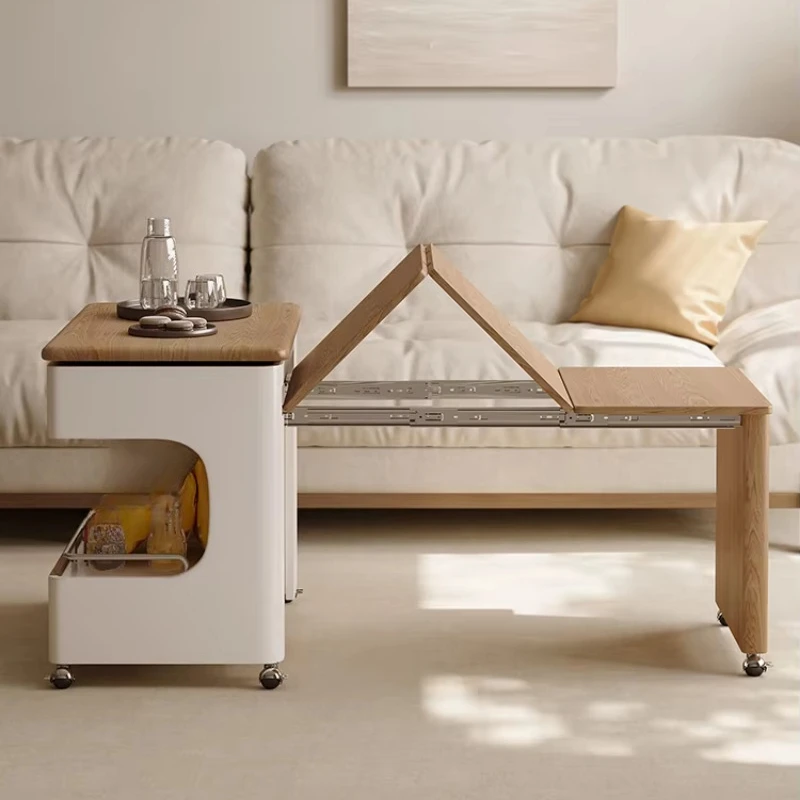 Movable retractable folding coffee table solid wood desktop hidden storage cart