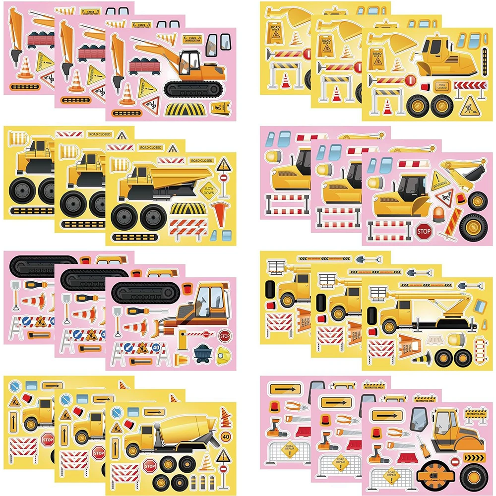 

8/16sheets Cartoon Engineering Truck Puzzle Stickers Excavator Make a Face Jigsaw Game Decals Funny DIY Assemble Toy Party Favor