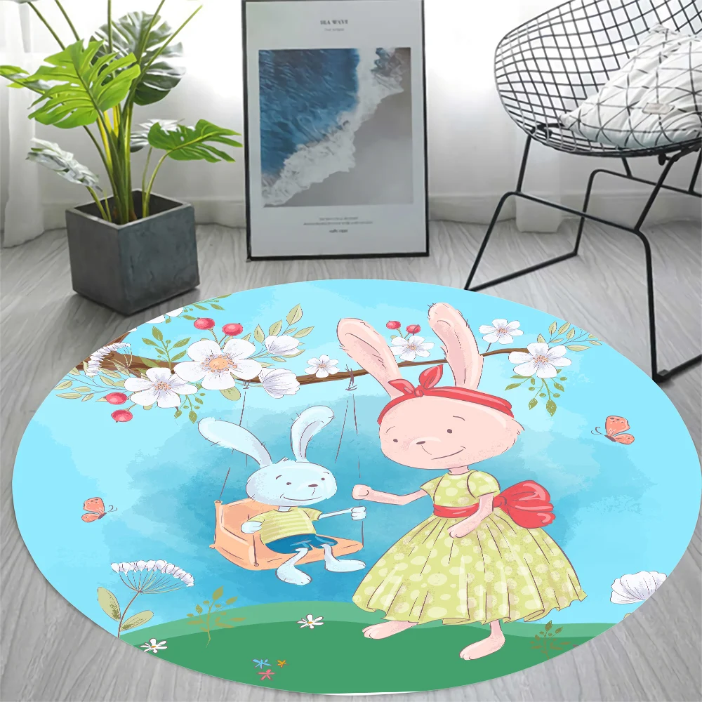 

CLOOCL New Round Carpet Spring Bunnies Playing Graphics 3D Printed Room Non-Slip Rug Children's Crawl Carpet Kawaii Style