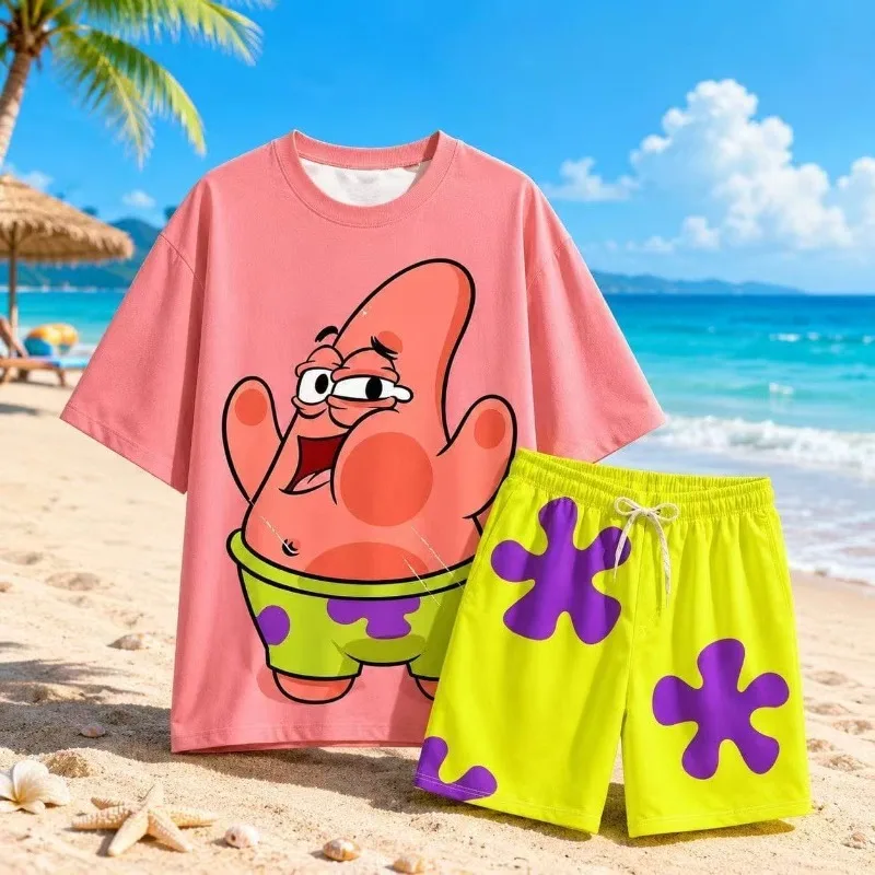 SpongeBob Patrick Star 2Piece Outfits T Shirt Shorts Sets Cartoon Print Kid Summer Beach Matching Casual Vacation Two Piece Suit