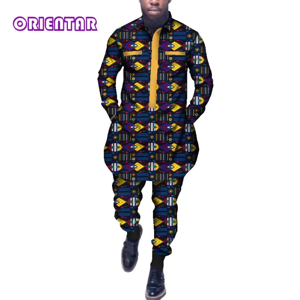 African Men Traditional Outfit 2 Pieces Set for Wedding Africa Print Long Sleeve Plus size Shirt and Pants Trousers Suits WYN499