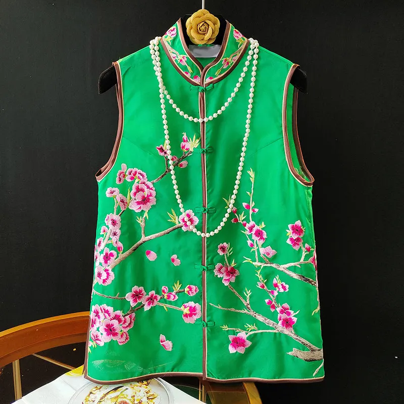 Green Silk Organza Vest Women's Summer New Chinese Style Stand Collar Embroidered Retro Single-Breasted Sleeveless Jacket  M-XXL