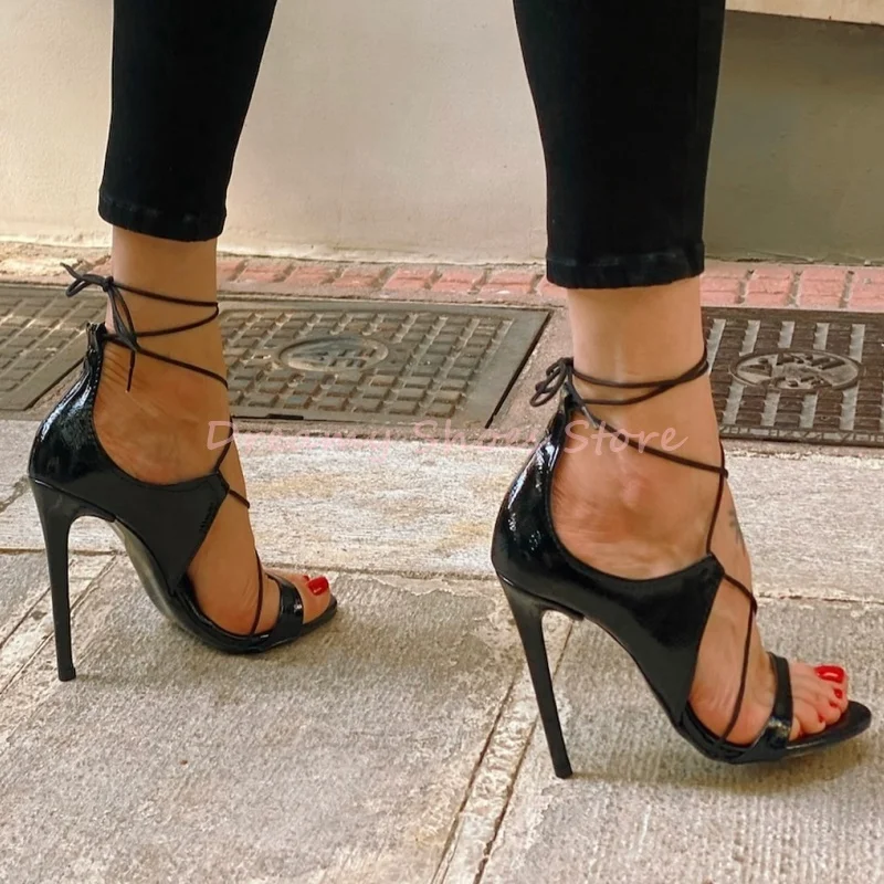 

Black Patent Leather Lace Up Hollow Sandals Women Open Toe One Strap Thin High Heels Sexy Fashion Cover Heel Party Prom Shoes