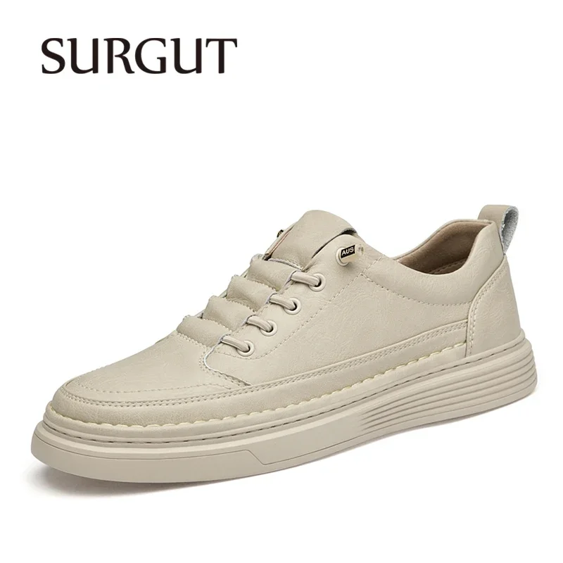 

SURGUT Men's Casual Sneakers Cow Leather Spring Autumn Fashion Trend Versatile Breathable Retro Men Board Shoes