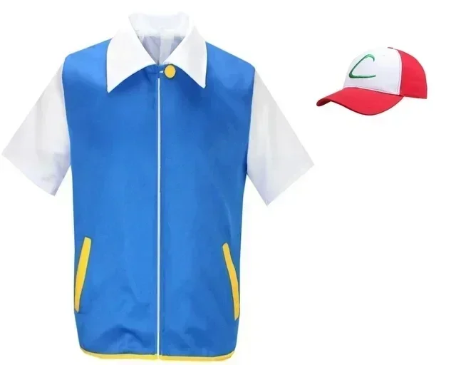 Ash Ketchum Cosplay Anime Kleding Mannen Blauwe Jas Kostuum Jongens Meisjes Cosplay voor Party Trainer Pokemon Cap Handschoenen Set
