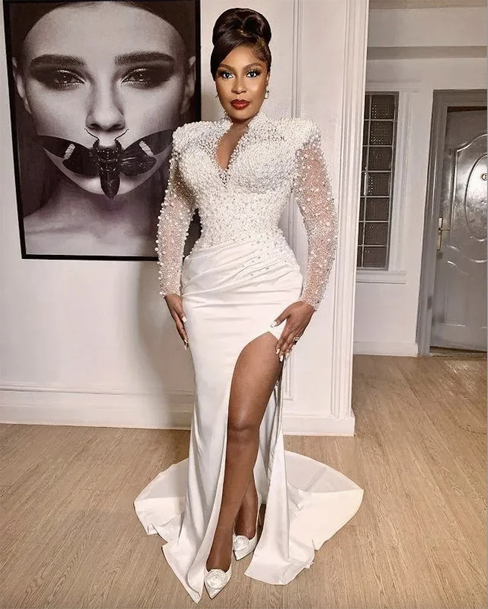 Robes De mariée sirène personnalisées africaines col haut dentelle Appliques perles perles côté fendu Illusion manches longues robes De No