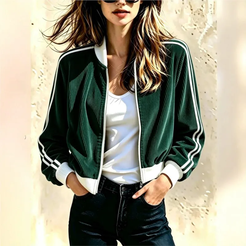 Women Corduroy Bomber Jacket Striped Long Sleeve Zip Up Stand Collar Cropped Coat Vintage Autumn Winter Baseball Jacket Female