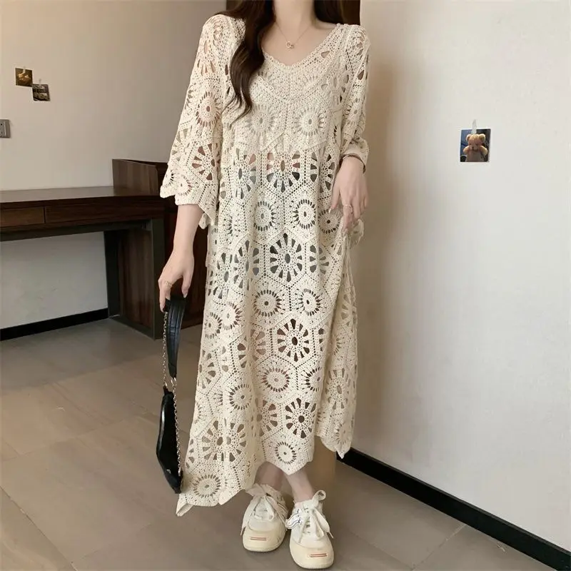 Knitwear Cape/Top/Outfit Korean Clothing 2025 Summer Women Long Knitted Dress Sleeve Basic Lace Dresses Casual Loose Boho Beach