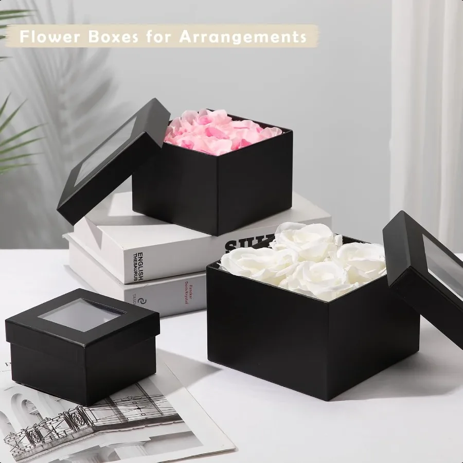 Scatole regalo quadrate con coperchi per regali Piccola confezione regalo nera con finestra trasparente Scatole per nidificazione Set di 4 fioriera per organizzare