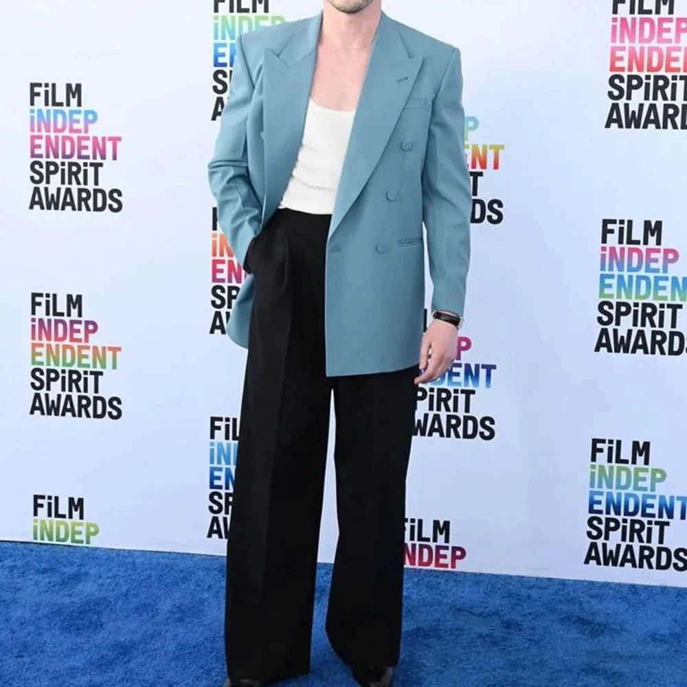 

Модные мужские костюмы стандартного кроя, комплект из 2-х предметов, синяя куртка, черные брюки, двубортный однобортный деловой мужской костюм с остроконечными лацканами