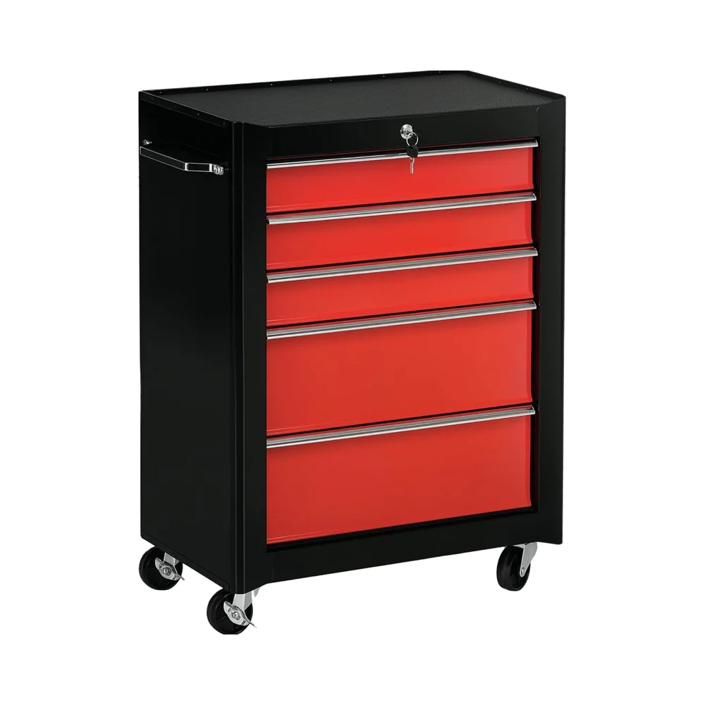 #￥for5-Drawer Lockable Steel Square Tool Storage Case Four-Wheel ODM Customized Powder Coated Red JINFENG