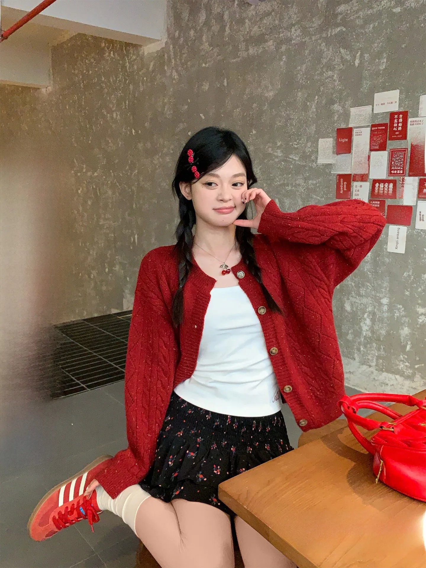 

Red Silver Tead Twist Knitted Sweater Coat Women's Spring New Sle Loose Fit Commute Sle round Ne Button up Cardigan