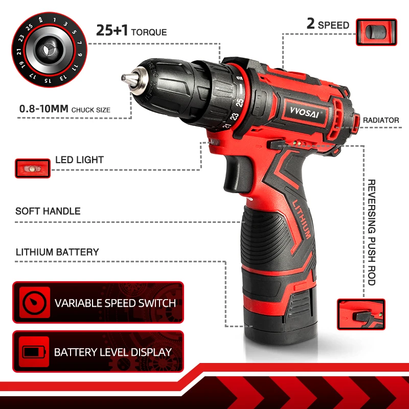 VVOSAI 16V Cordless Drill Electric Screwdriver Mini Wireless Power Driver DC Lithium-Ion Battery 3/8-Inch