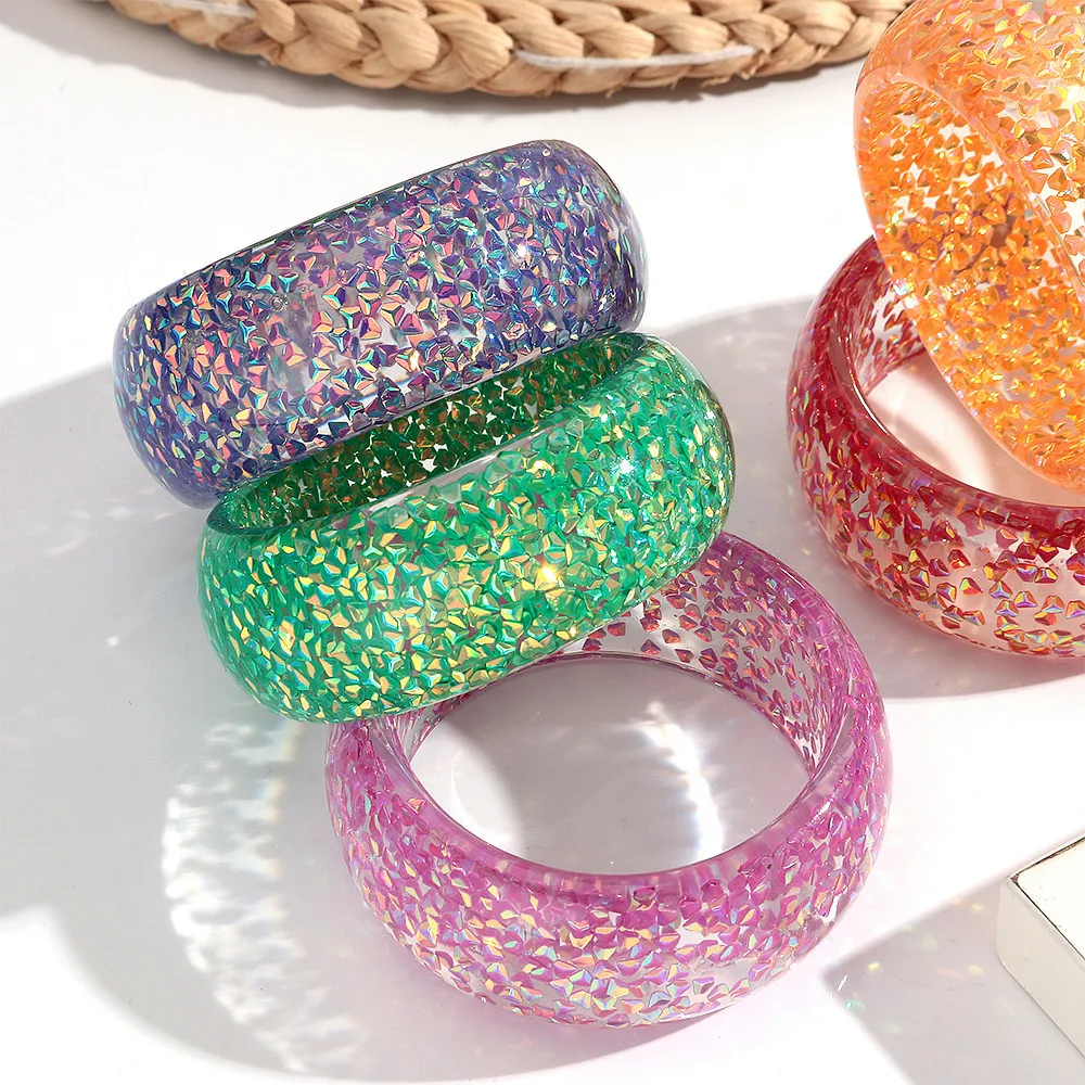 

New Trendy Colorful Foil Resin Round Acrylic Bangle for Women Statement Geometric Cuff Wide Bracelet Stackable Jewelry Gift