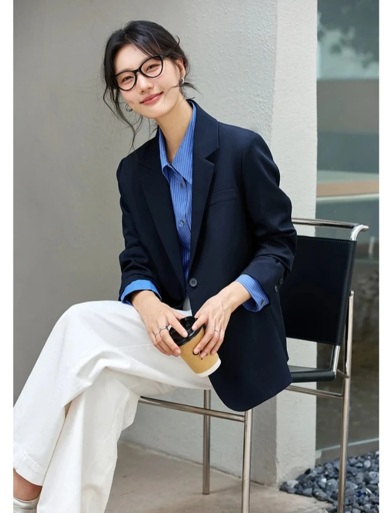 VIMLY Women's Navy Blue Jackets Autumn 2025 Oversize Elegant Office Wear Blazer Notched Ladies New in Coats and Jackets A2360