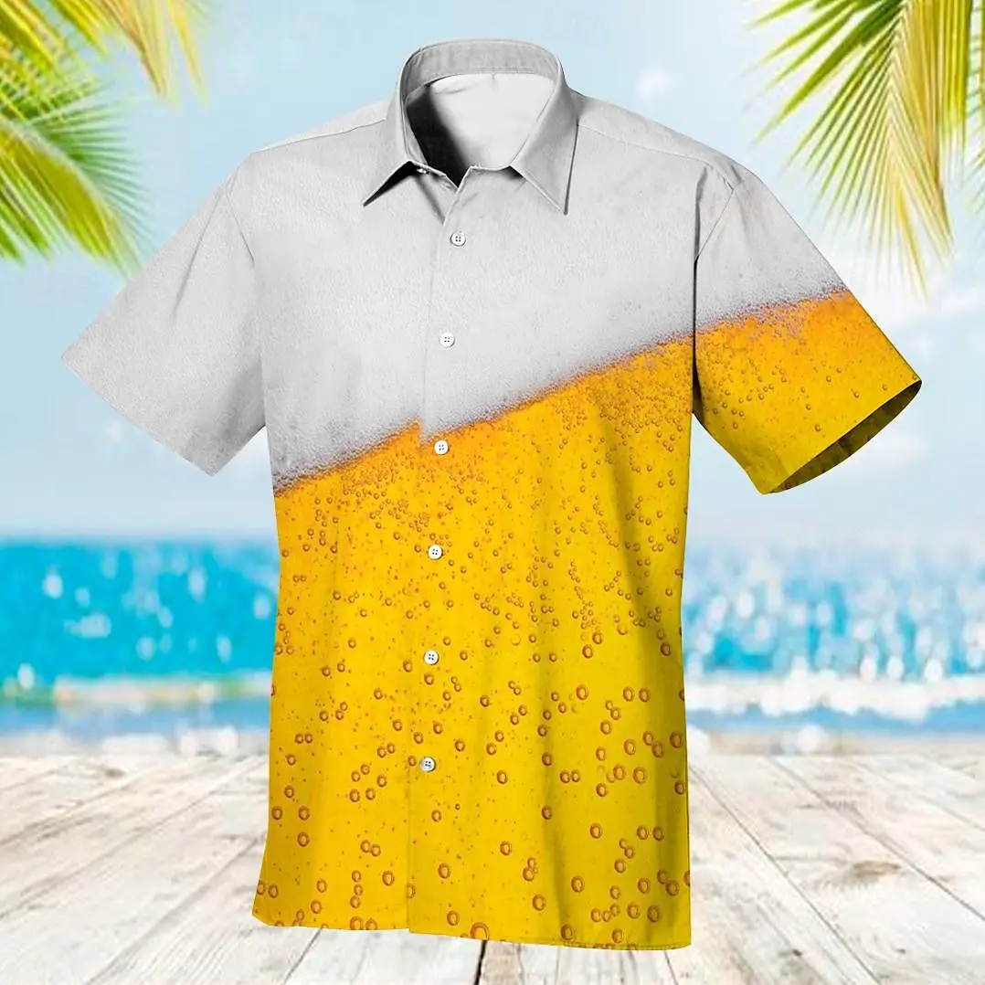 3d Beer Print Hawaiian Shirts For Men Summer Casual Short Sleeve Shirt Street Fashion Unisex Clothes Loose Oversized Men's Shirt