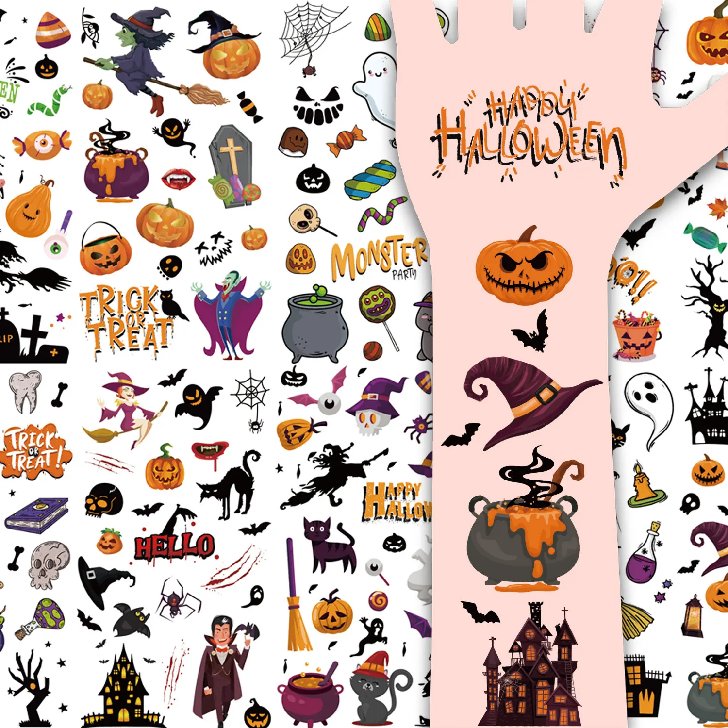 10 Halloween Cartoon Tattoo Stickers, over 180 Designs Featuring Vampire, Witch, Black Cat, Pumpkin, Ghost, Castle, and Other Halloween Elements, Waterproof and Realistic, Temporary Tattoo Stickers for Party Art and Makeup