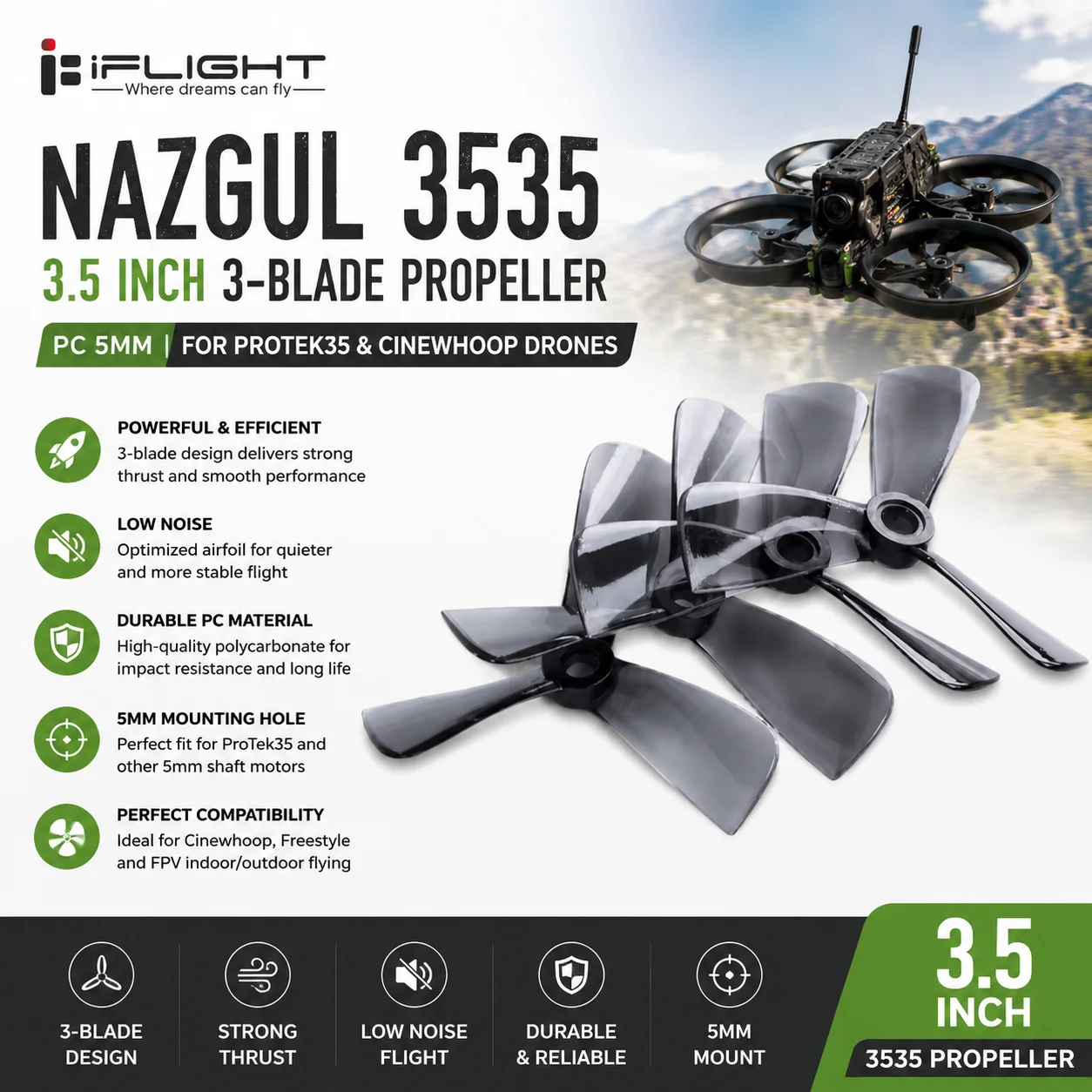 iFlight Nazgul 3535 3.5 Inch 3-Blade Propeller PC 5mm for ProTek35 Cinewhoop FPV Drone