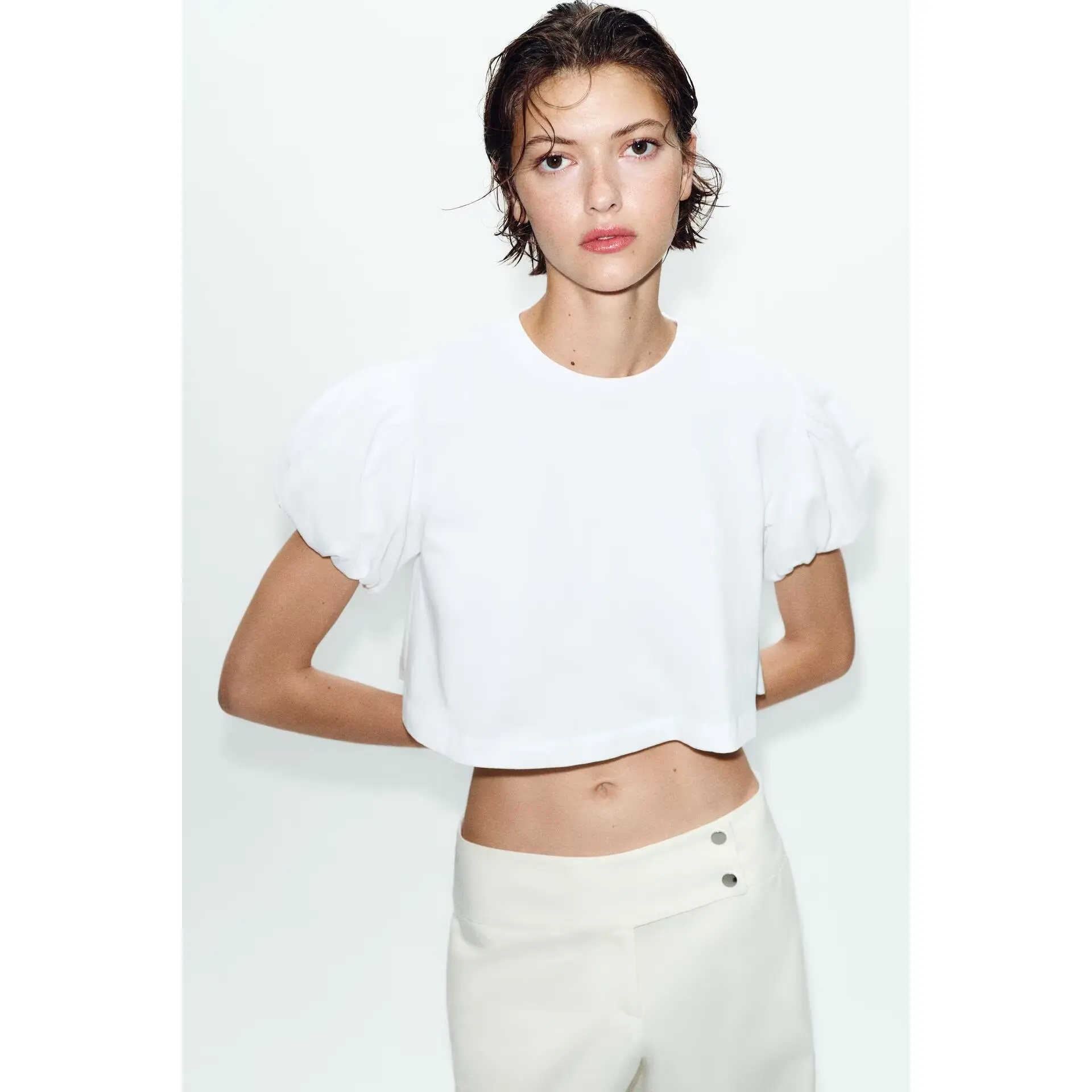 Spring Summer New Arrival Women's Fashionable Short Sleeve T-Shirt Multi-Color Fluffy Sleeve Casual Loose Fit round Neck Poly...