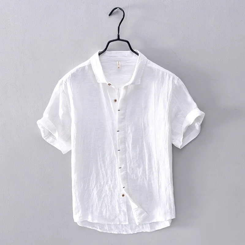 Harajuku Simplicity Men\'s Solid Color Shirt Pure Linen Japanese Styles Summer Thin Casual Short Sleeve Breathable Blouse Shirt