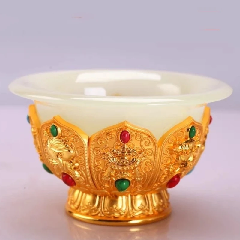 Tibetan Alloy Bowl,Holy Water Cup, Engraved Inlaid Gem Eight Auspicious Religious Worship Stone Bowl, Altars Desktop Decorative