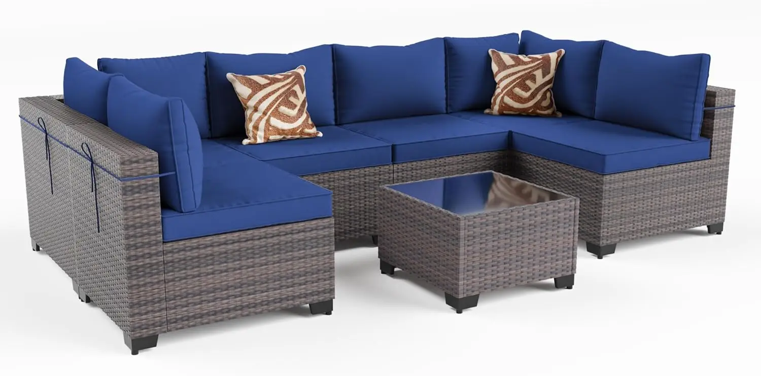 

7-Piece Outdoor Patio Furniture Set, Wicker Sectional Sofa with Washable Cushions & Coffee Table for Garden, Backyard, Navy Blue