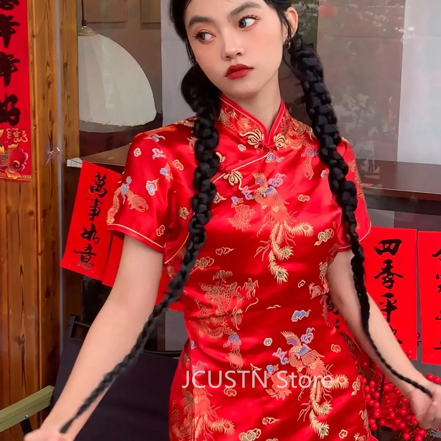 Red Dragon Phoenix Embroider Qipao Fashion Streetwear Chinese Style Dress Women Sexy Improved Cheongsams Plus Size 3Xl 4Xl 5Xl