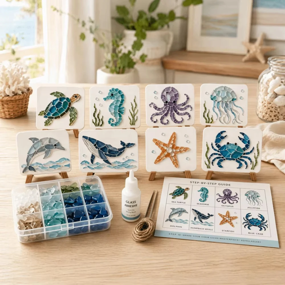 Ocean Marine Creature Sea Glass Mosaic DIY Art Kit, Underwater Animal Handmade Craft Set With Stand For Coastal Home Decor